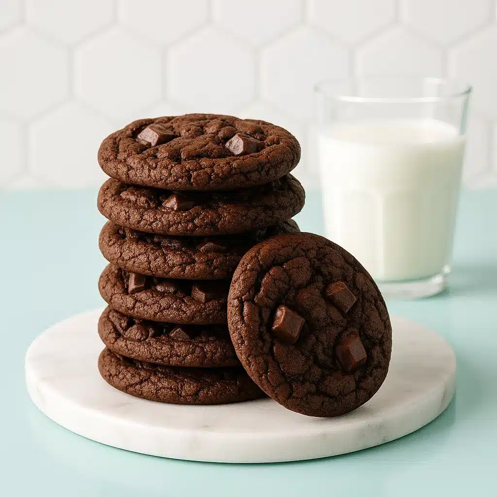 Ultimate Guide to Double Chocolate Chip Cookies (Crispy Outside, Gooey Inside) 5 Double chocolate chip cookies on plate