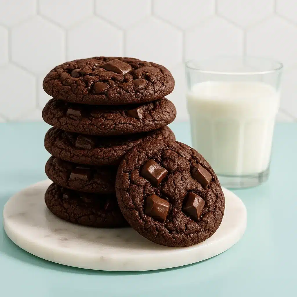 Ultimate Guide to Double Chocolate Chip Cookies (Crispy Outside, Gooey Inside) 4 Double chocolate chip cookies on plate