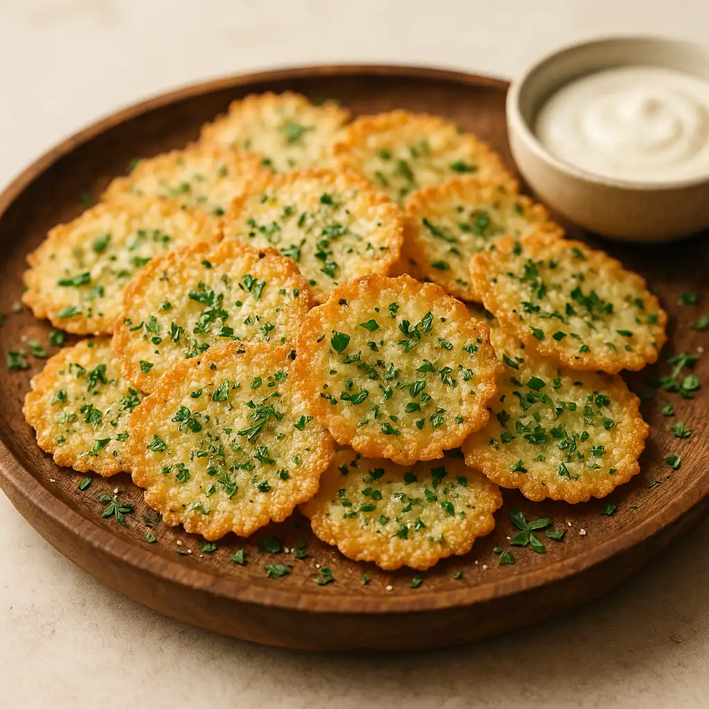 Cottage Cheese Chips Recipe – The Crispiest, Healthiest Snack You'll Love 5 Crispy cottage cheese chips recipe with herbs on wooden plate