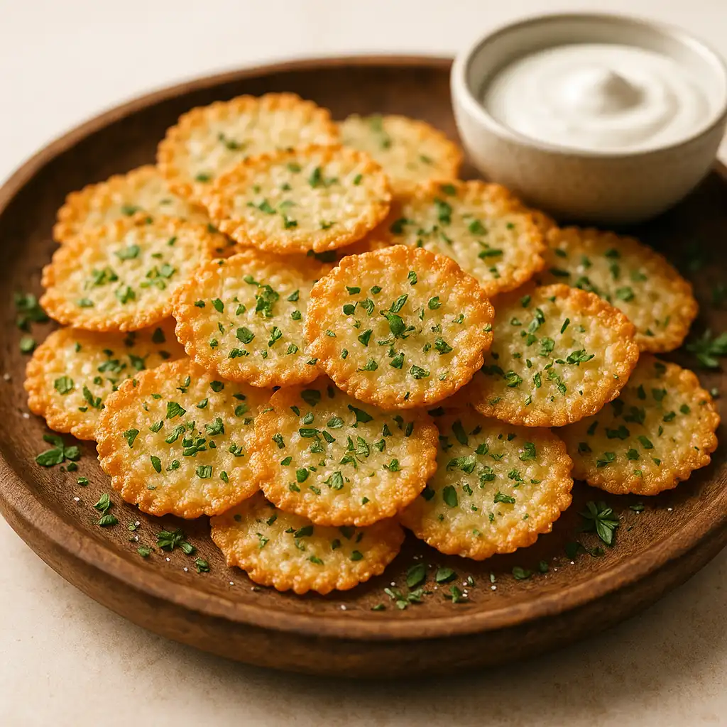 Cottage Cheese Chips Recipe – The Crispiest, Healthiest Snack You'll Love 4 Crispy cottage cheese chips recipe with herbs on wooden plate