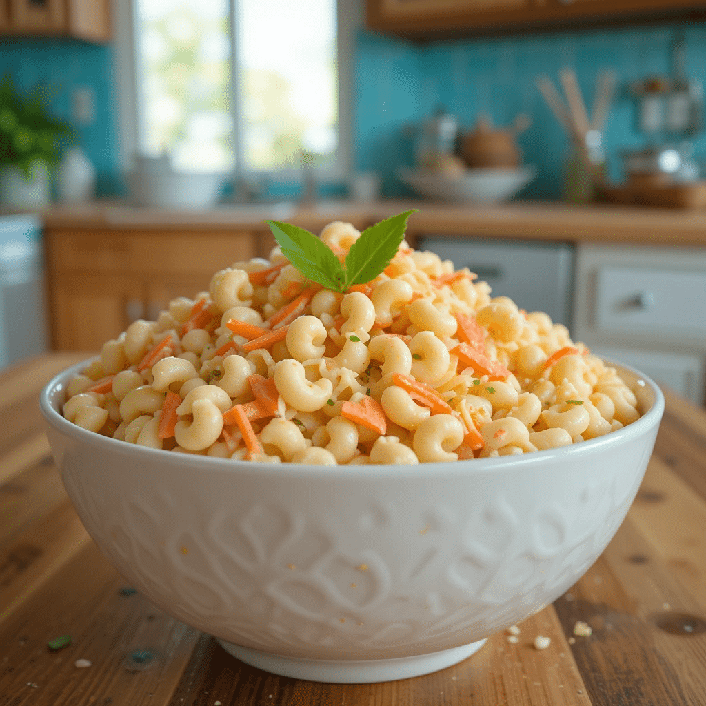 Original Hawaiian Bros Macaroni Salad Recipe (Authentic Guide) 5 Original Hawaiian Bros macaroni salad recipe in a white serving bowl