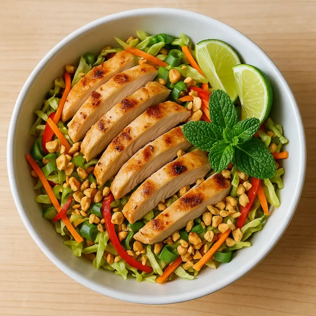 Thai Chicken Salad: The Best Zesty and Fresh Recipe You’ll Ever Try 4 Fresh Thai Chicken Salad in a bowl with herbs and lime