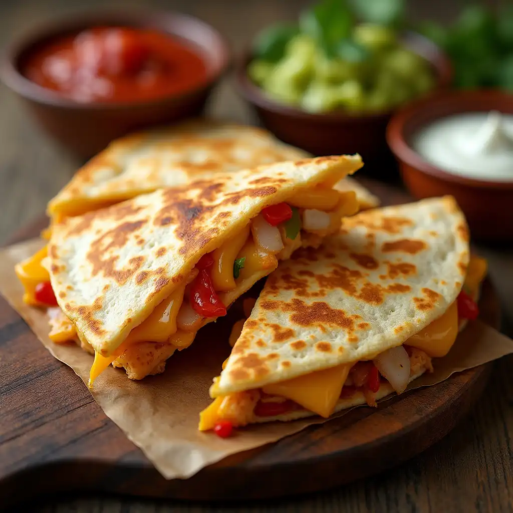 Chicken Quesadillas: The Ultimate Guide to Perfect, Cheesy Goodness 5 Close-up of cheesy chicken quesadillas on wooden board