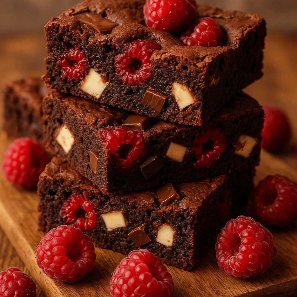 Triple Chocolate Raspberry Brownies: The Best Fudgy Treat 4 Triple Chocolate Raspberry Brownies on wooden board