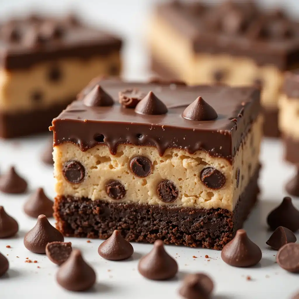 Decadent cookie dough brownies, layered and ready to enjoy Freshly sliced cookie dough brownies close-up